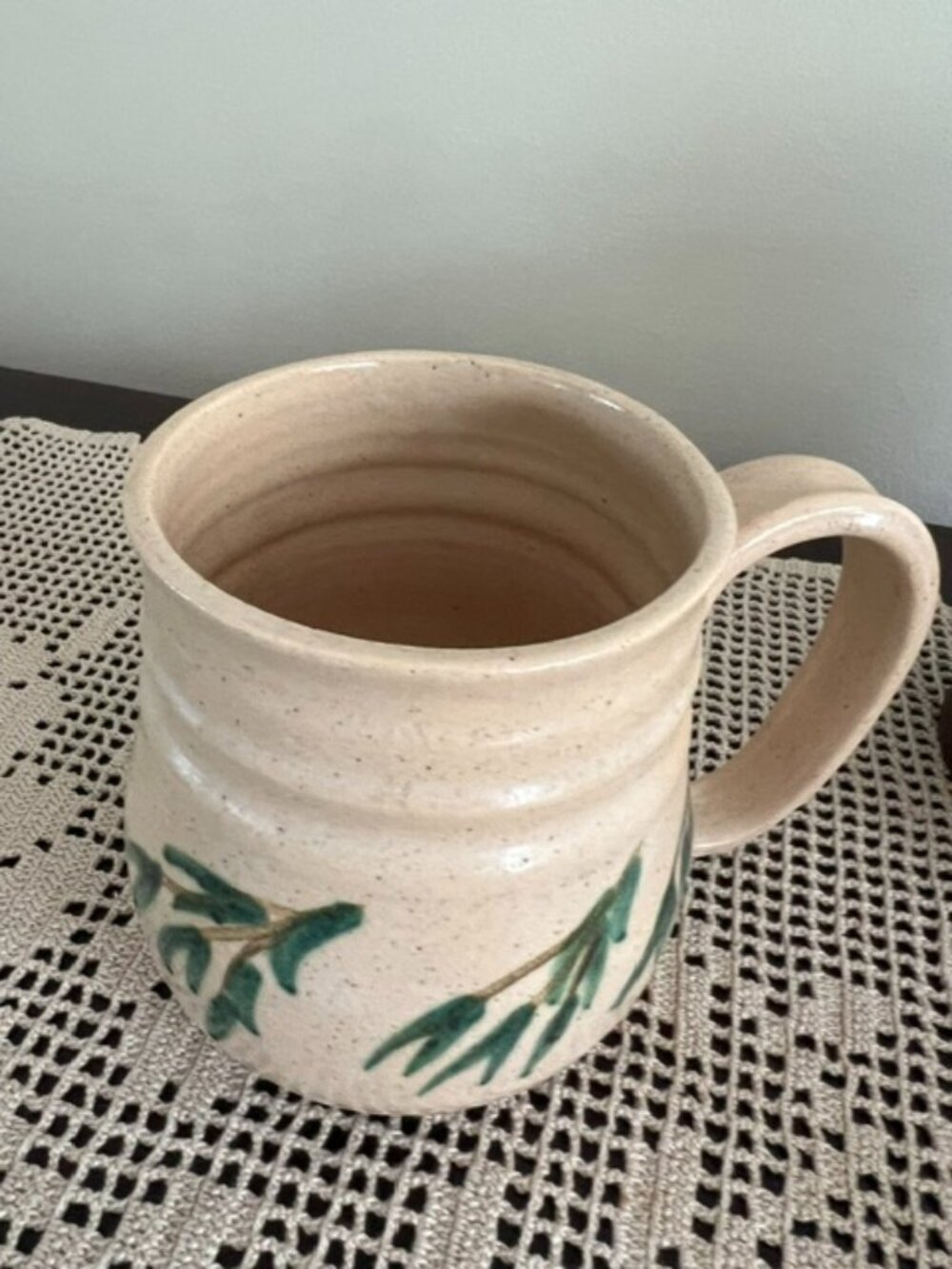 Pottery Stoneware Mug Handpainted Leaves Signed by Artist